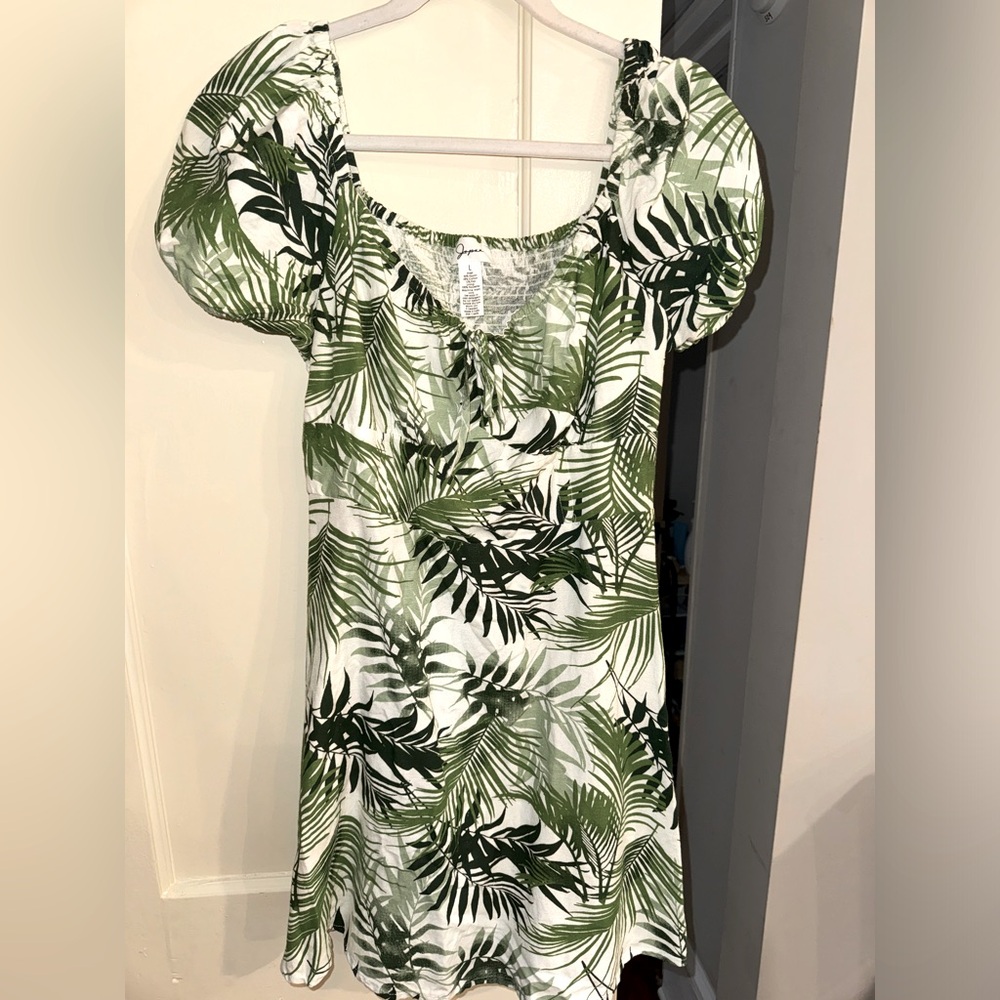 Japna Casual Dress - Square Short Sleeve : Green Tropical Dress